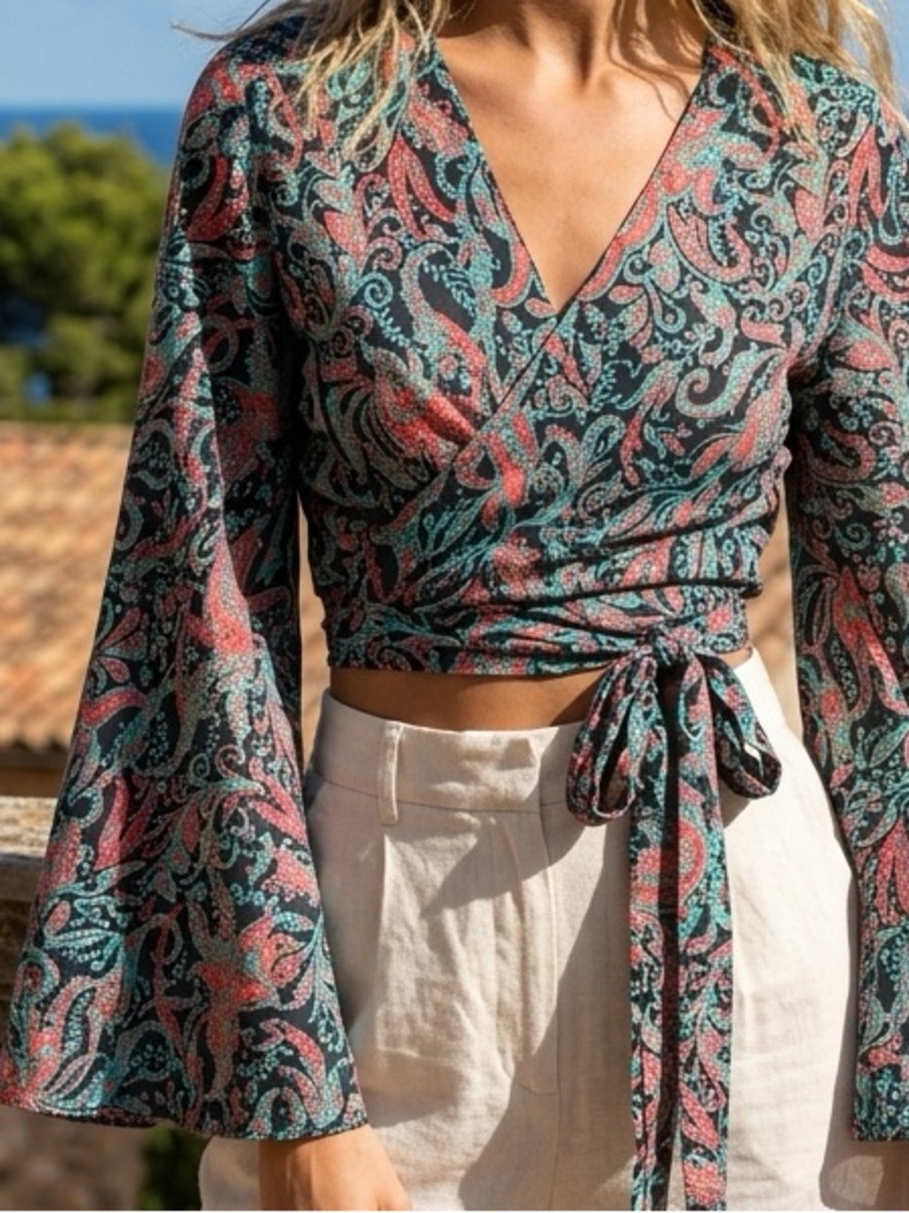 VTG Y2K Paisley Silk Boho Wrap Kimono Boho Festival Whimsigoth Fairy Blouse OS